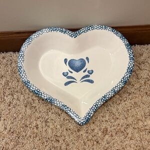 Vintage Stoneware Heart Pie Cake Baking Dish Blue White Ceramic  13x12 Country
